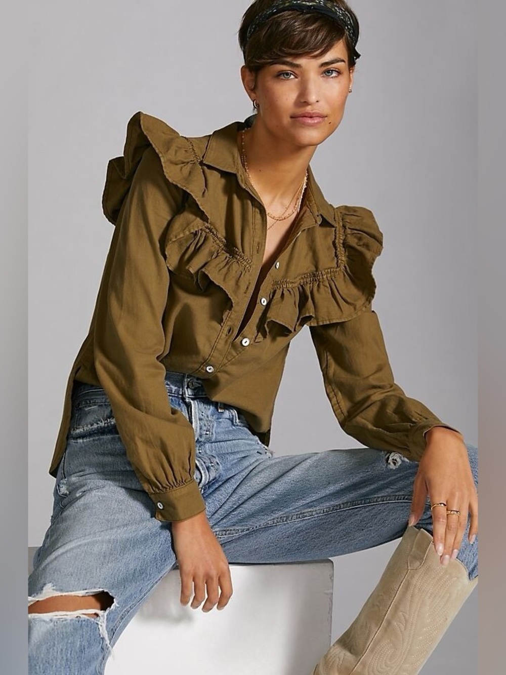 MOTF Ruffle Button-Down Blouse Size Large